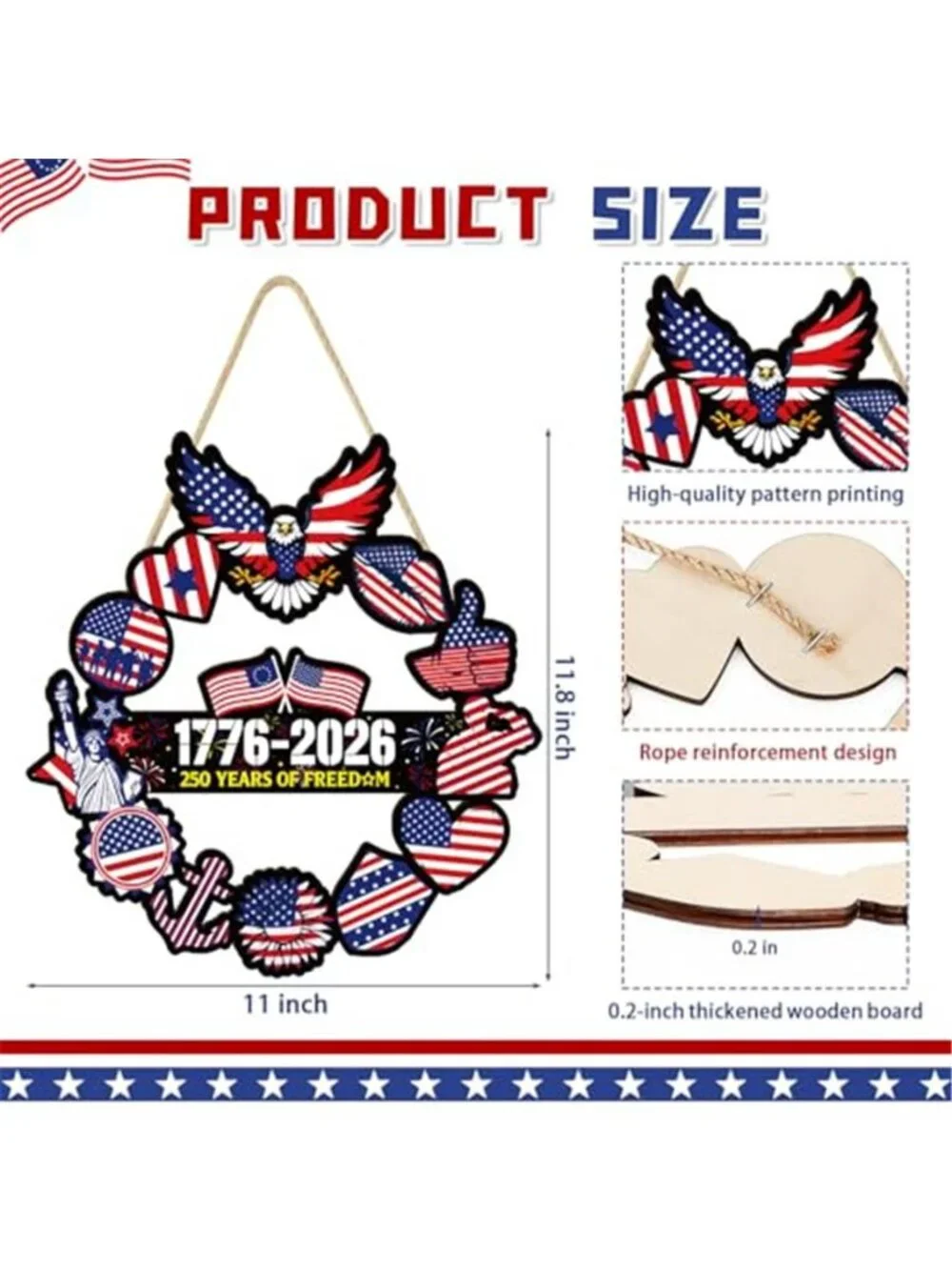 4th of July Door Wreath Wooden American Patriotic Hanging Sign Decor